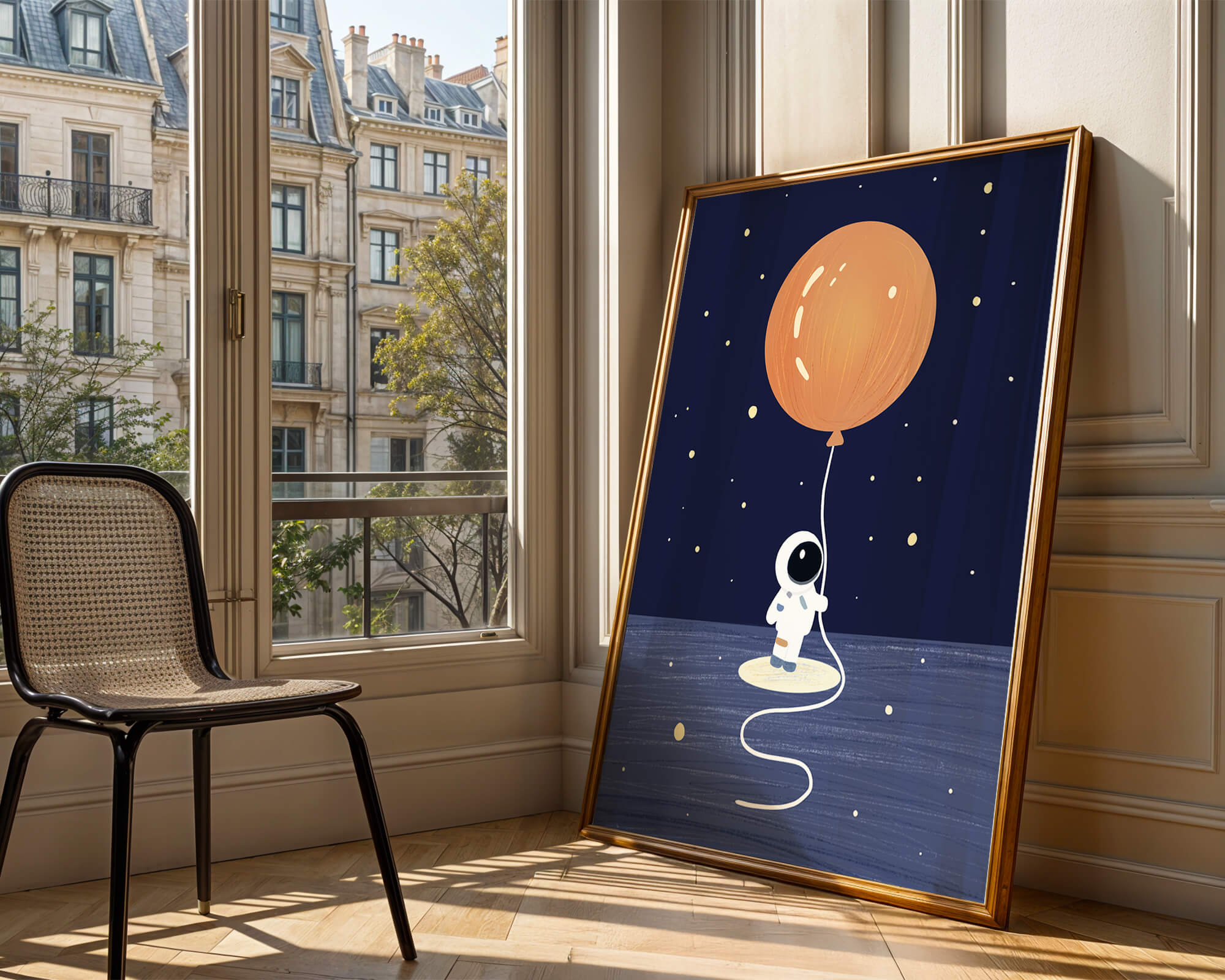 Charming Astronaut Holding Large Orange Balloon Under Starry Sky