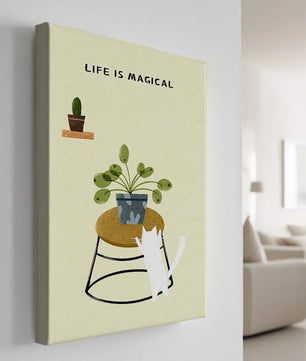 Ilustración encantadora de un gato con planta y mensaje inspirador