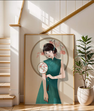 Elegante Illustration einer Frau in traditioneller Kleidung mit einem Fächer mit Kirschblüten