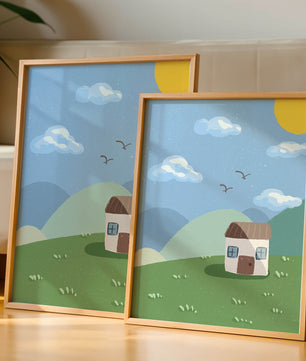Illustration of a small house on a sunny hillside with clouds in a blue sky