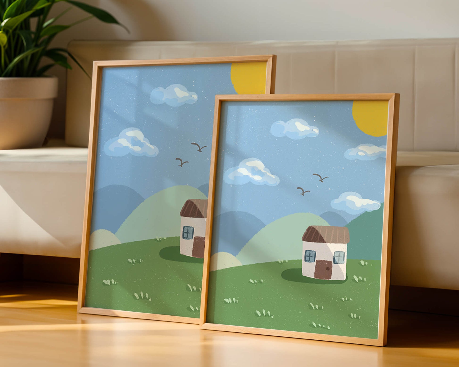 Illustration of a small house on a sunny hillside with clouds in a blue sky