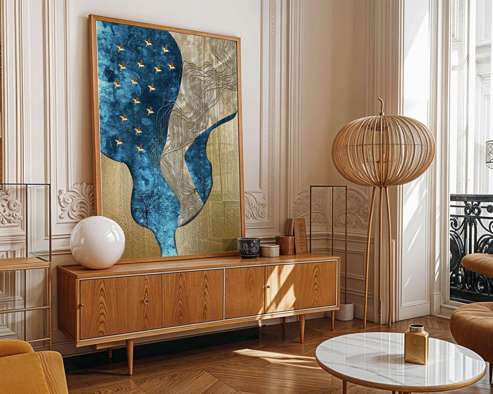 Abstract Textured Landscape with Gold and Blue Elements