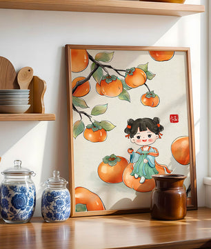 Illustration of a girl sitting on a persimmon surrounded by fruit and leaves