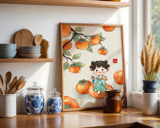 Illustration of a girl sitting on a persimmon surrounded by fruit and leaves