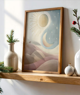 Minimalist landscape with sun, moon, and wolf in pastel hues