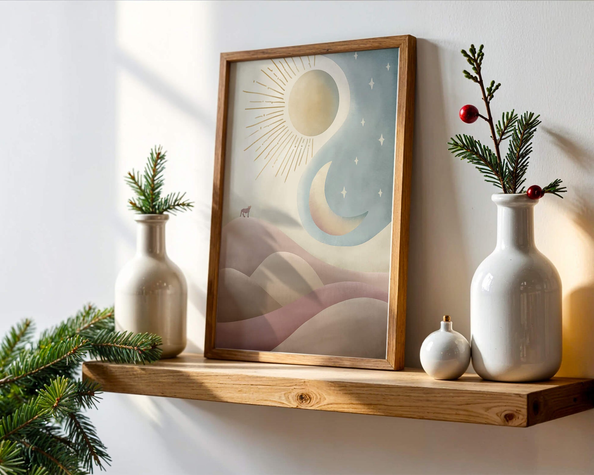 Minimalist landscape with sun, moon, and wolf in pastel hues