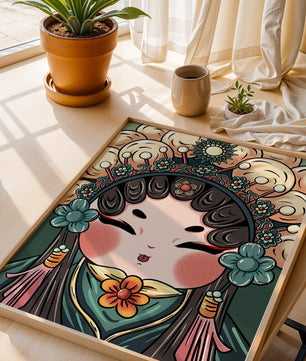 Ilustración encantadora de una muñeca china tradicional con tocado floral