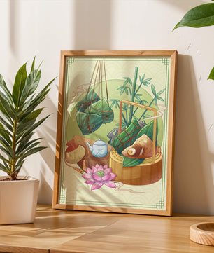 Traditional Asian tea set with bamboo and dumplings