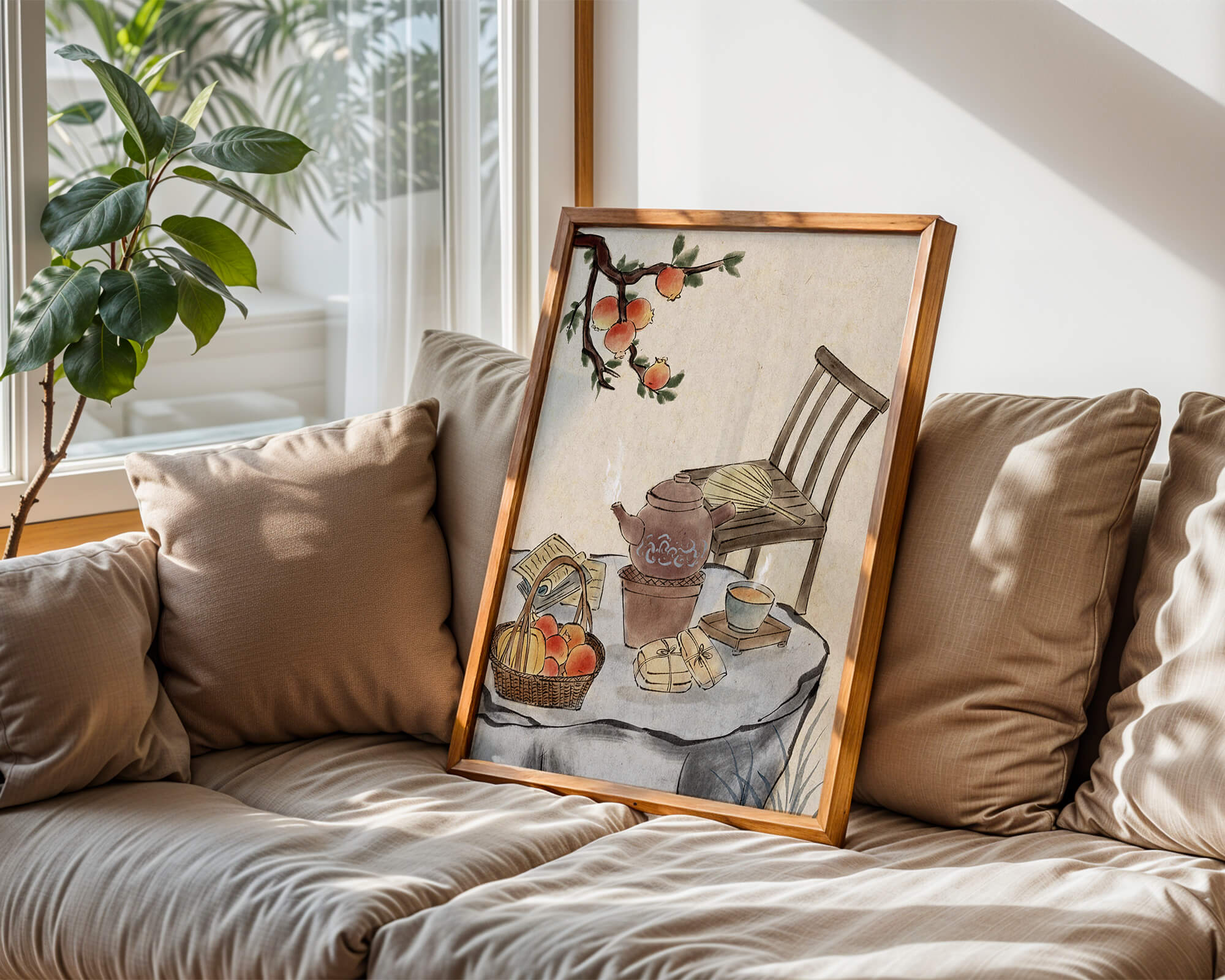 Watercolor painting of tea time setting with fruits and wooden chair