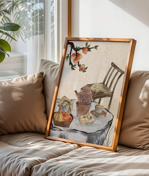 Peinture à l’aquarelle d’un moment de dégustation de thé avec des fruits et une chaise en bois