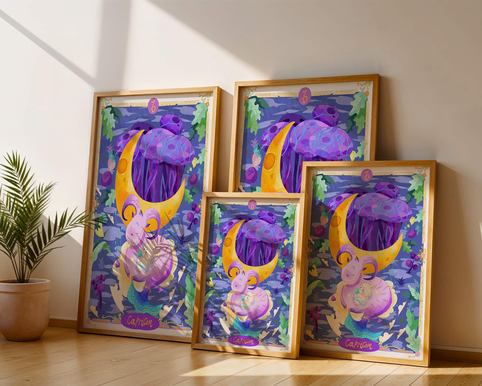 Colorful Capricorn zodiac illustration with fantasy elements