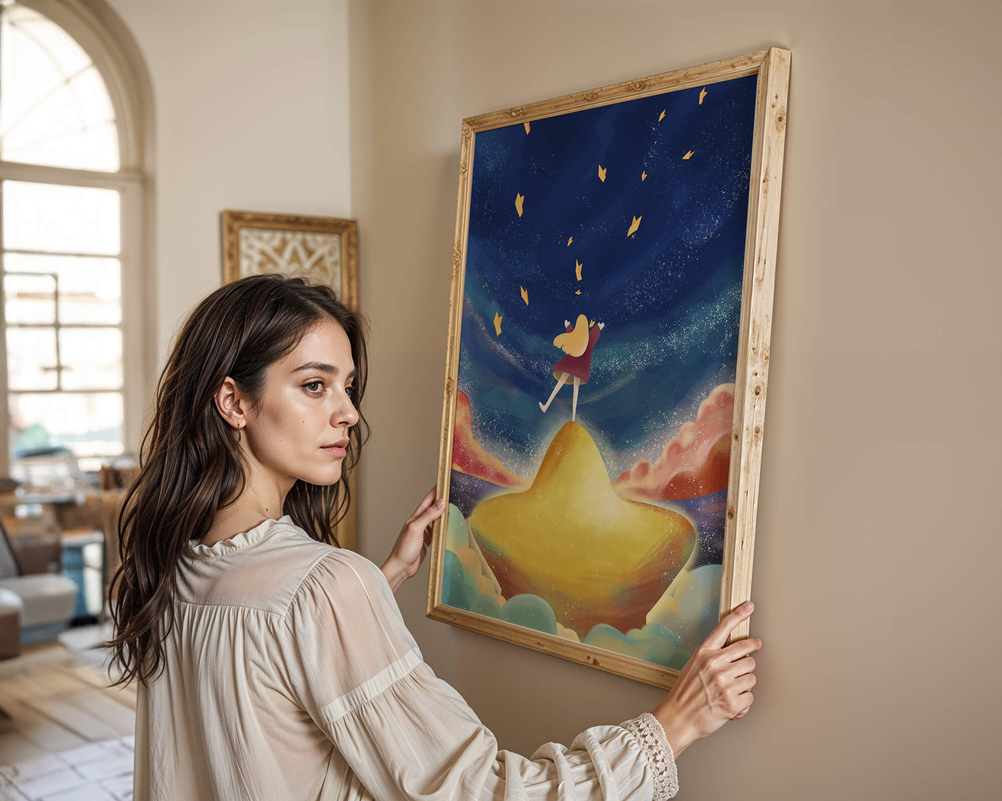 Girl standing on a golden hill reaching for stars in a dreamy night sky