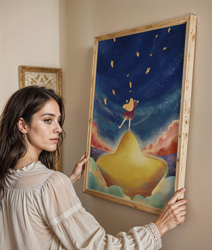 Girl standing on a golden hill reaching for stars in a dreamy night sky