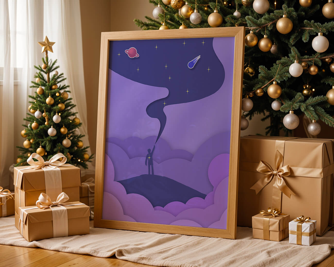 Silhouette in a cosmic landscape with stars and planets