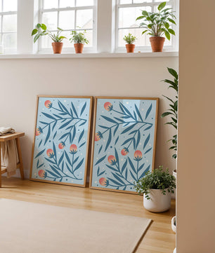 Abstract botanical pattern with colorful flowers and leaves on light blue background