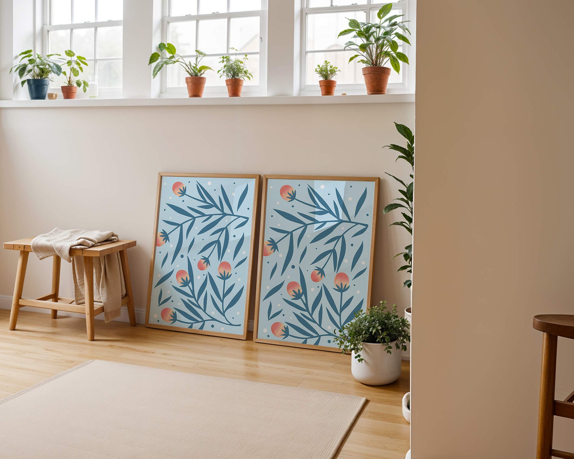 Abstract botanical pattern with colorful flowers and leaves on light blue background