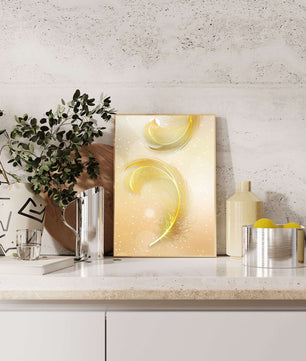 Elegant golden feather design with shimmering background