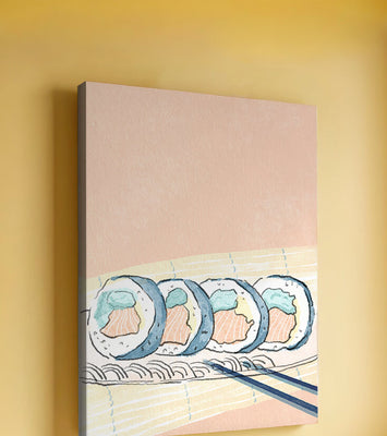 Colorful sushi rolls with chopsticks on pastel background