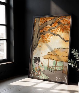 Escena de otoño con ilustración en estilo asiático tradicional