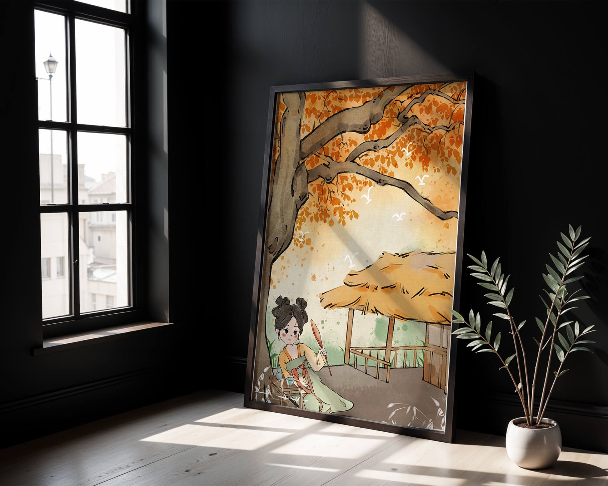 Escena de otoño con ilustración en estilo asiático tradicional