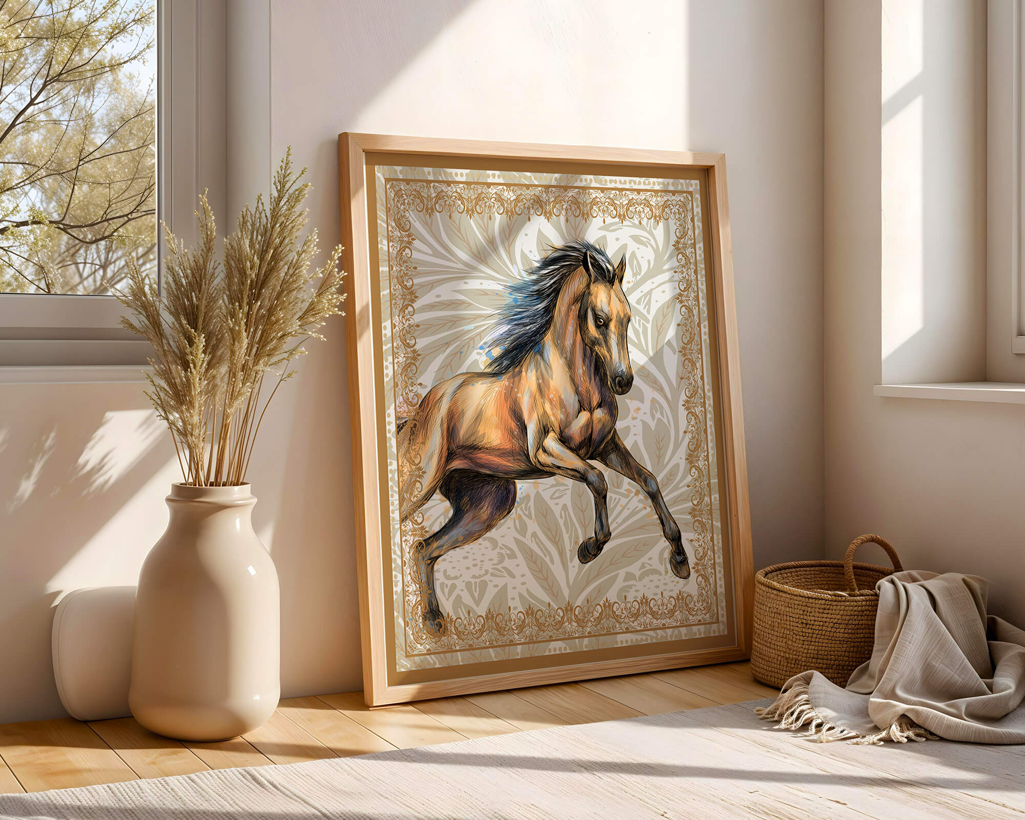 Elegant horse illustration with ornate golden frame
