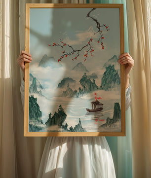 Chinese Landscape with Cherry Blossoms and Boat in Misty Mountains - Mi tienda