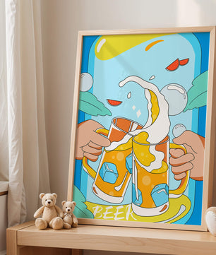 Colorful Illustration of Two Clinking Beer Mugs with Ice Cubes and Citrus Slices