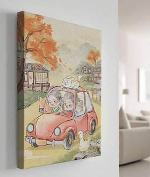 Charmante Landfahrt mit verspielten Charakteren und herbstlicher Landschaft