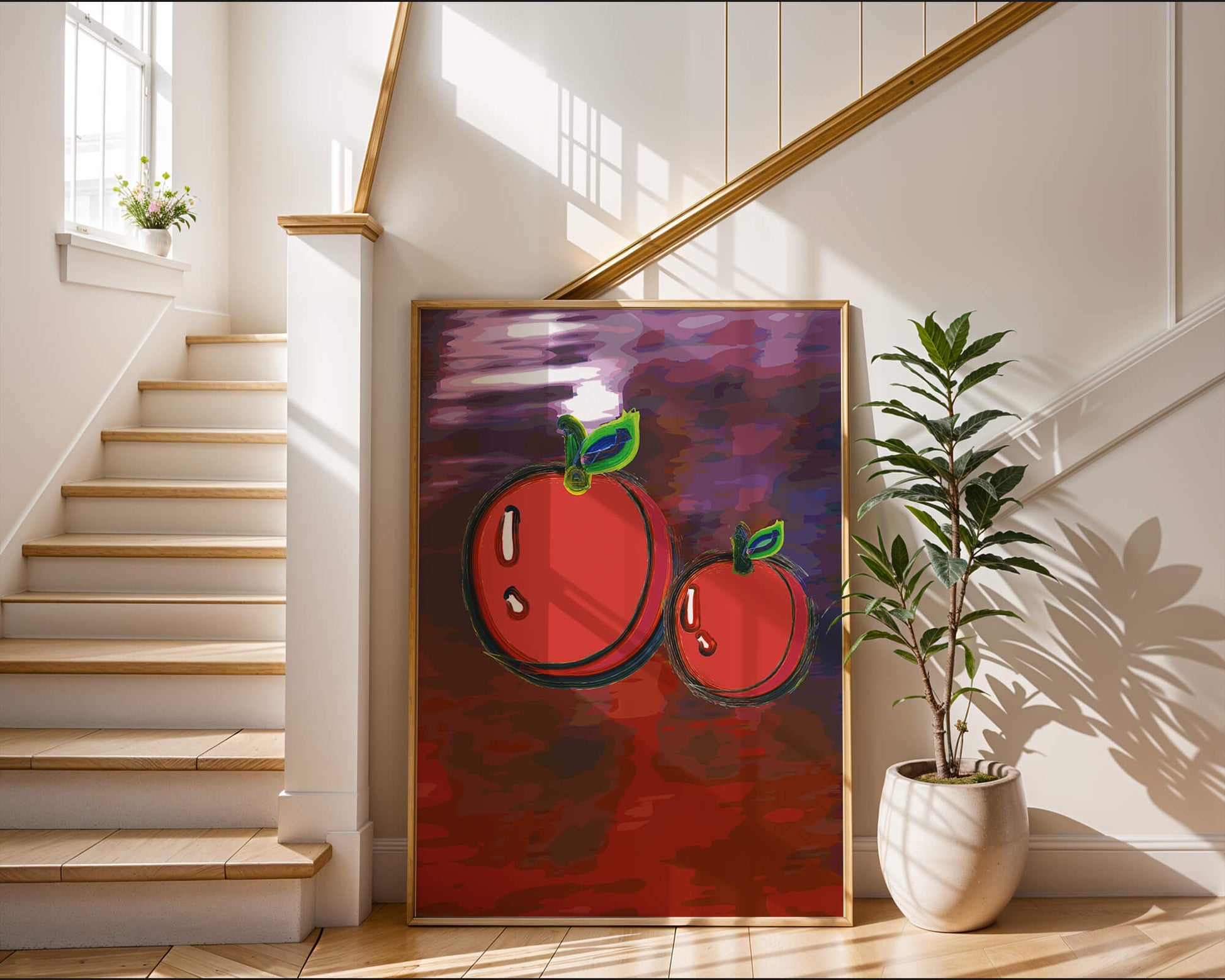 Dos manzanas abstractas con fondo colorido