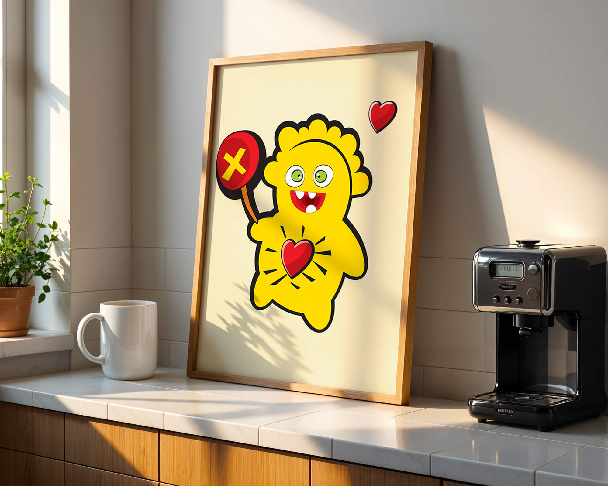 Colorful cartoon character with heart and playful design