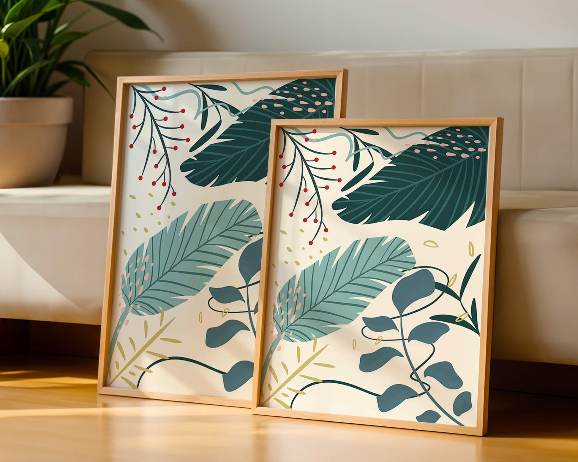Abstract Botanical Illustration with Colorful Leaf Patterns