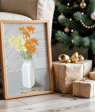 Vibrant daisies in a white vase illustration