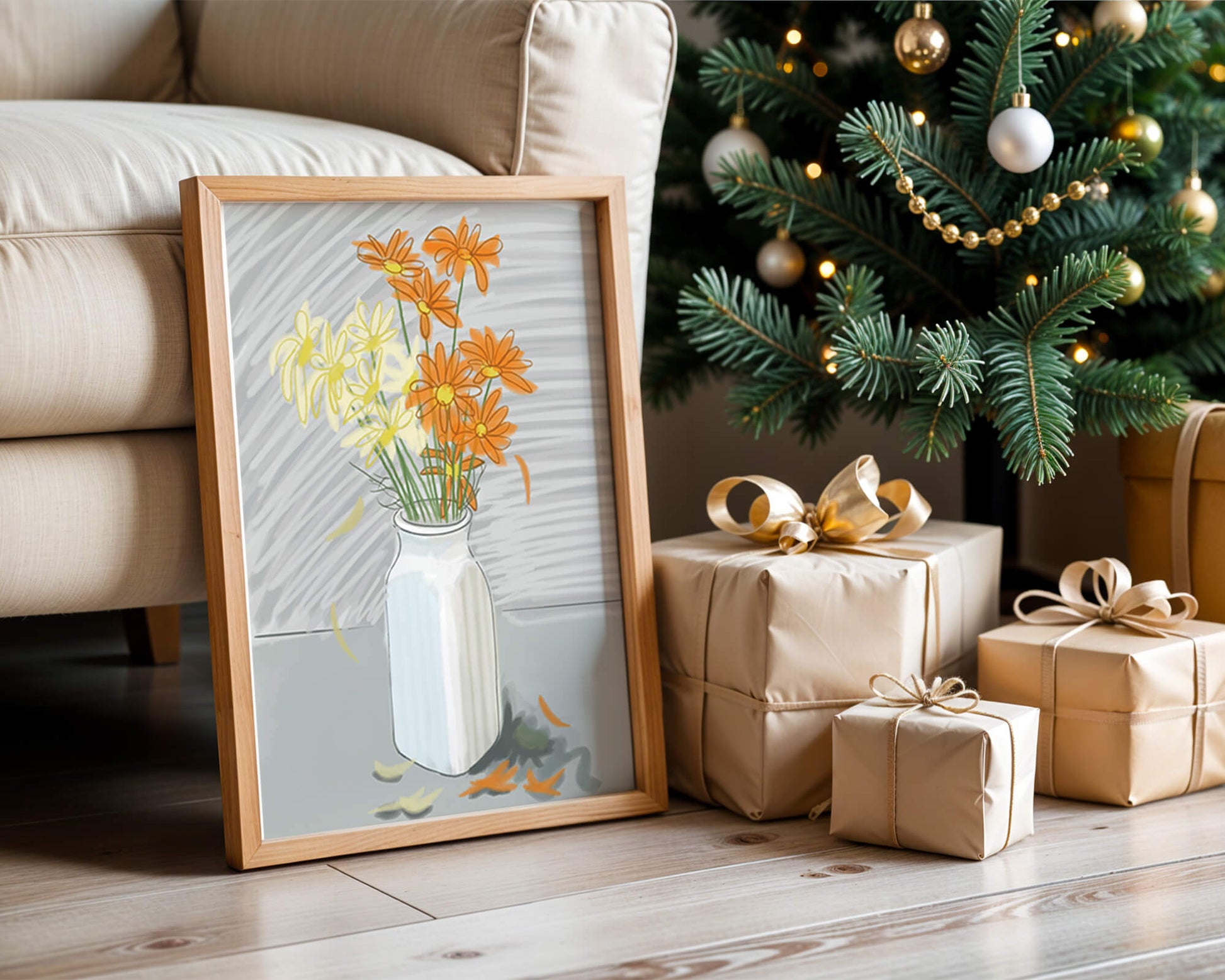 Vibrant daisies in a white vase illustration