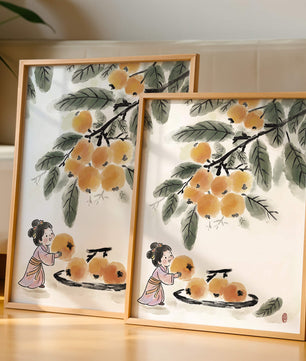 Arte japonés con una niña recogiendo caquis bajo un árbol