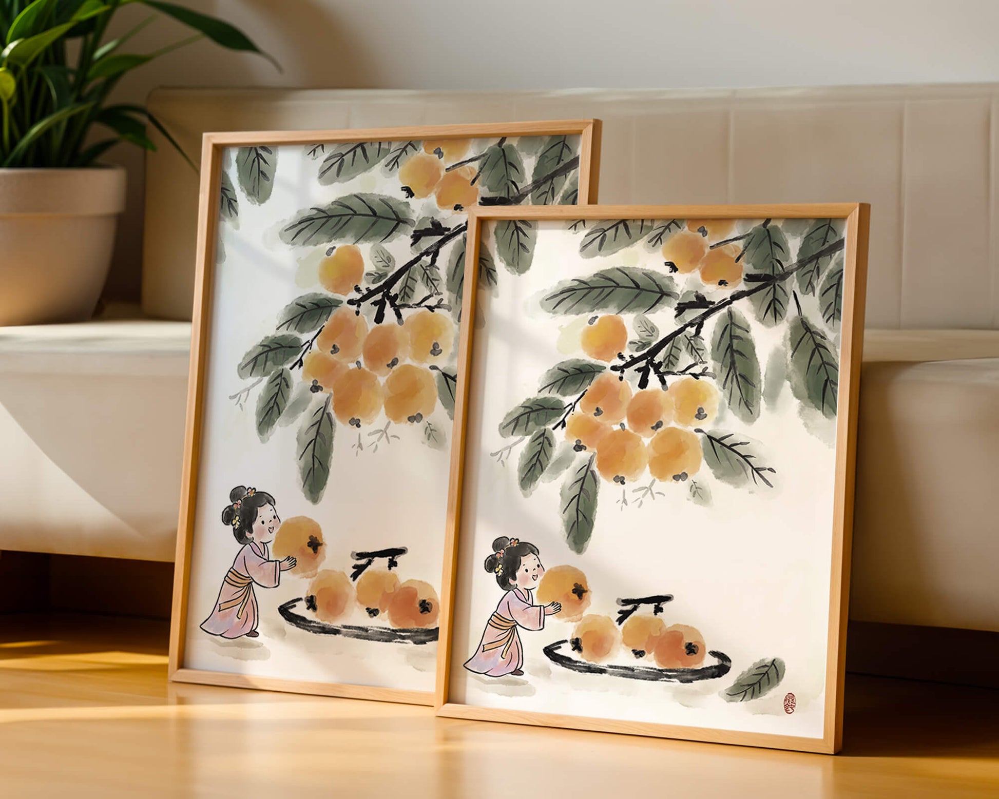 Arte japonés con una niña recogiendo caquis bajo un árbol