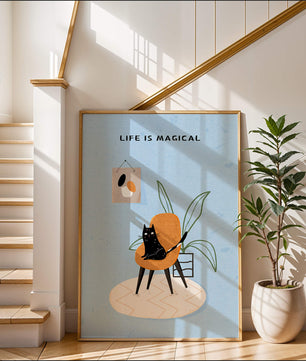 Charming Cat Relaxing on a Chair with Inspirational Quote and Art