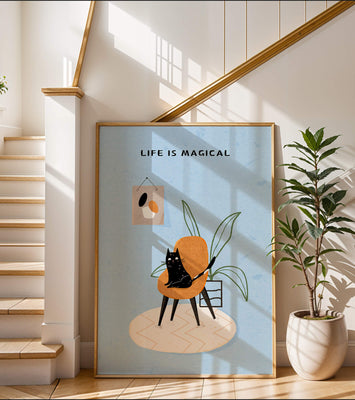 Charming Cat Relaxing on a Chair with Inspirational Quote and Art