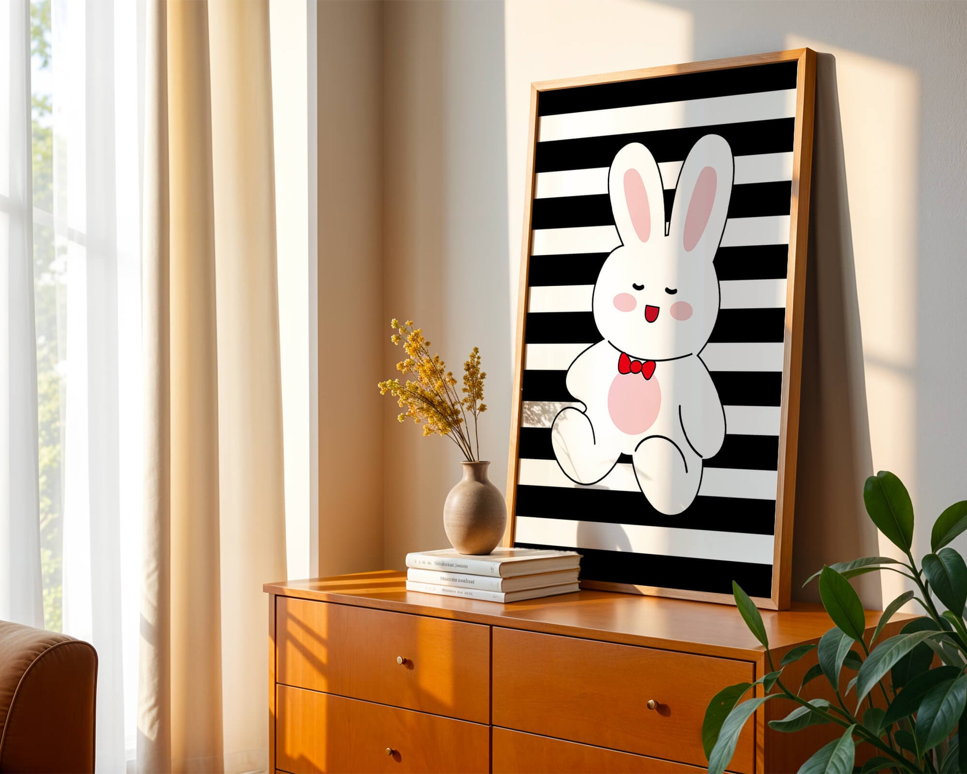 Adorable cartoon bunny with bold stripes and a red bow tie