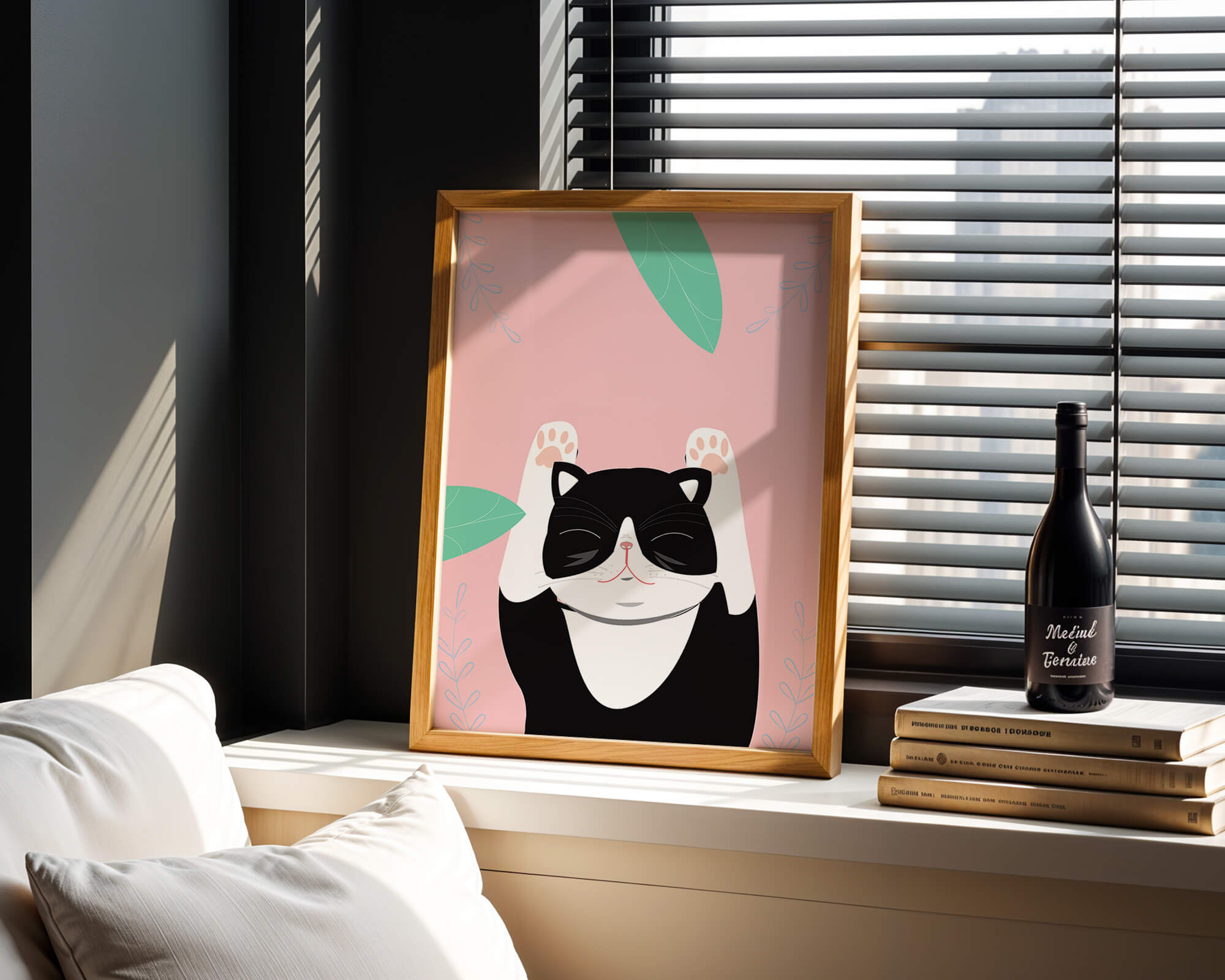 Illustrated cat on pink background with leaves