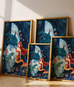 Underwater scene with a mermaid interacting with sea creatures in a vibrant ocean cave