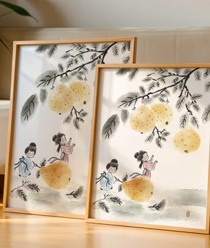 Ilustración encantadora de niños en vestimenta tradicional recolectando peras