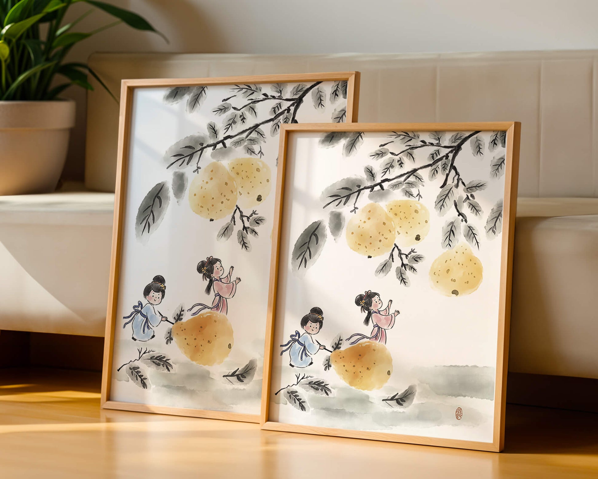 Ilustración encantadora de niños en vestimenta tradicional recolectando peras