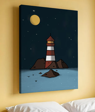 Escena nocturna tranquila con faro y estrellas que reflejan serenidad