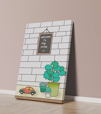 Chalkboard welcome sign with potted plants and a toy car