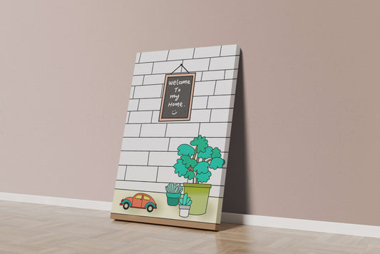 Chalkboard welcome sign with potted plants and a toy car