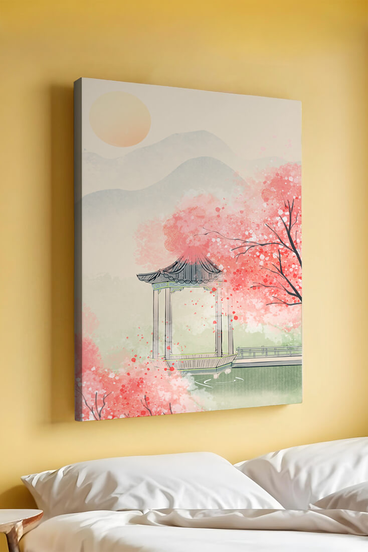 Serene landscape with cherry blossoms and traditional gazebo