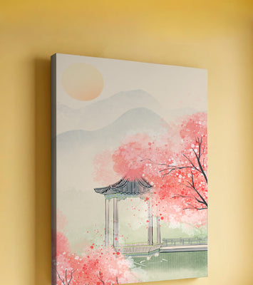 Serene landscape with cherry blossoms and traditional gazebo