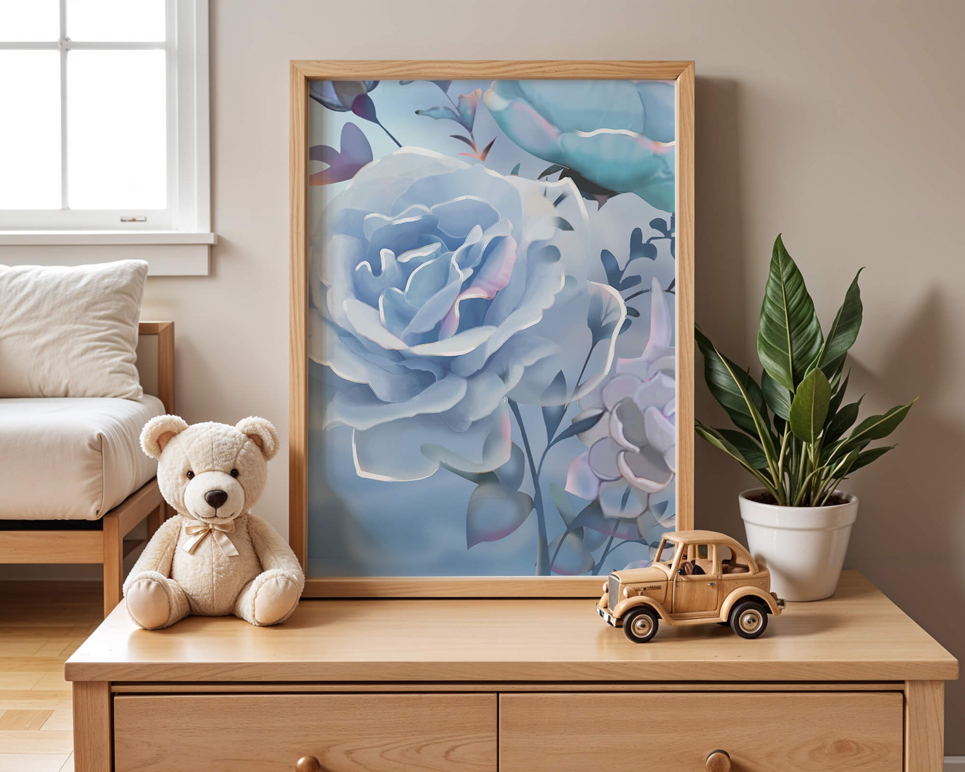 Rosas azules serenas con hojas delicadas sobre fondo suave