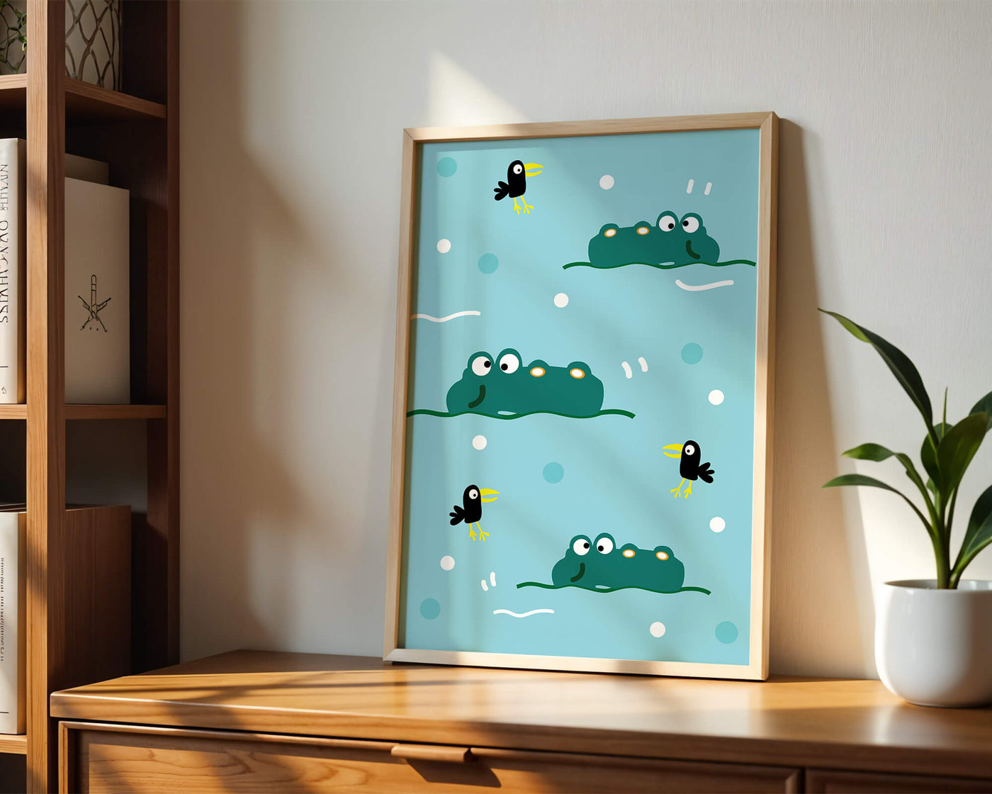 Playful cartoon crocodiles and birds on blue patterned background