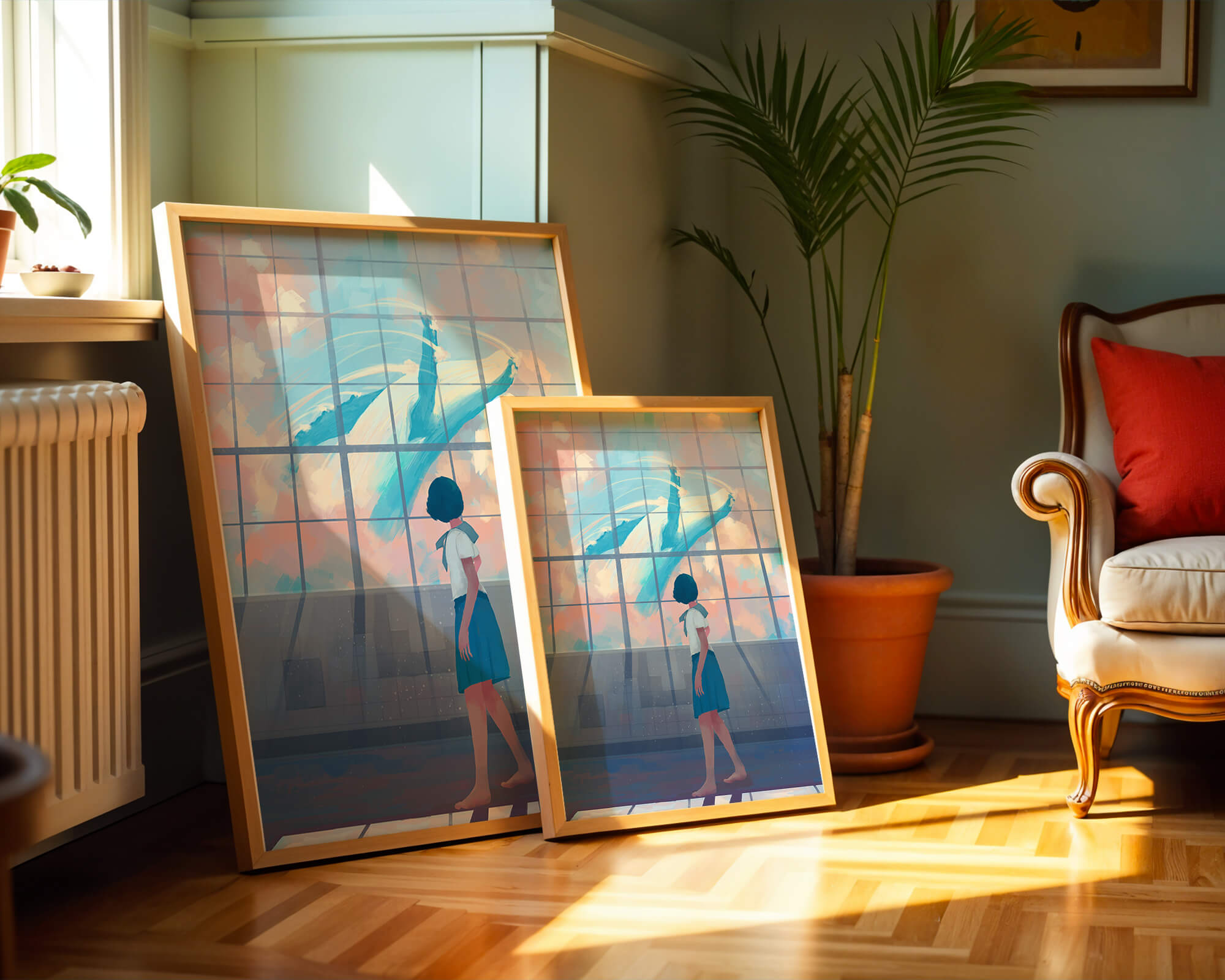 Young girl looking at a giant whale through a large window